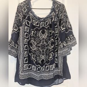 EST 1946 Boho Off Shoulder Paisley Top Size XL Blue Peasant Blouse